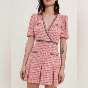Maje Tweed Mini Dress V Neck with Ethnic Trim‎ women’s size 2